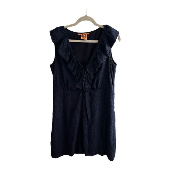 Tory Burch Lallie Silk Floral Sleeveless Ruffle Dress Navy Blue Size 12 - Picture 1 of 6